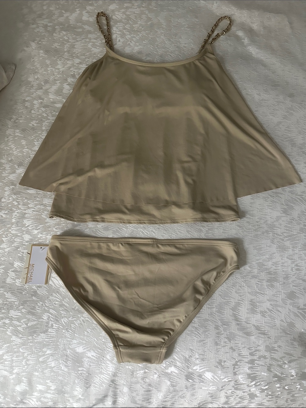Michael Kors Beige Tankini Set with Chain-Strap Top
